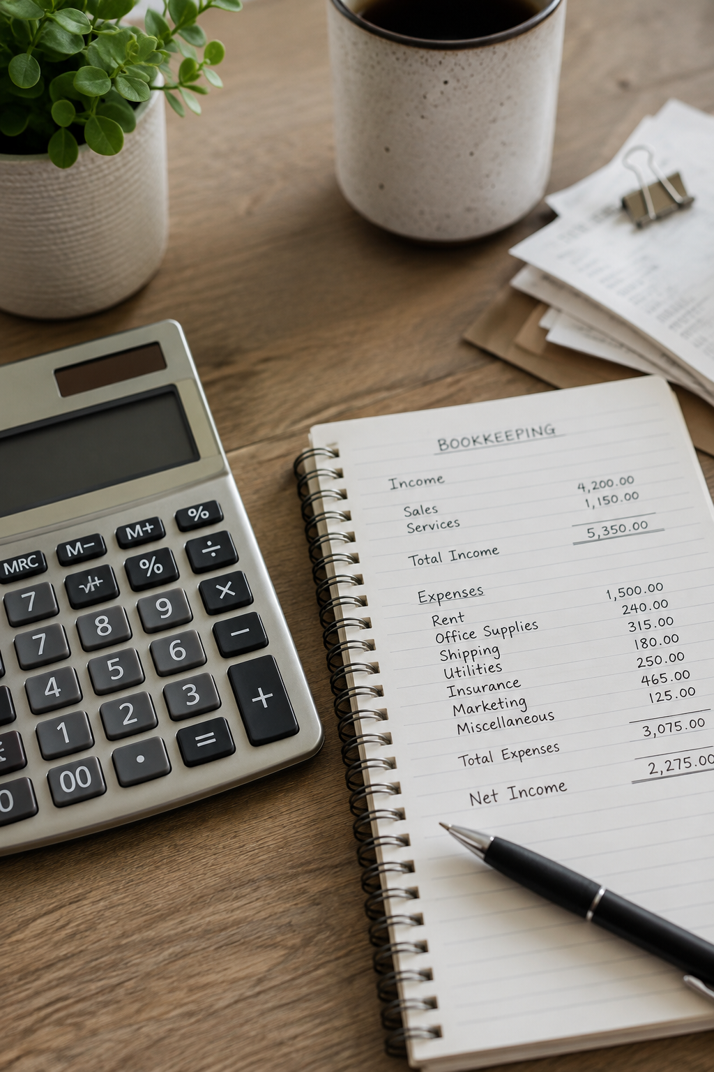 Bookkeeping notebook, calculator, financial paperwork, and coffee on a desk